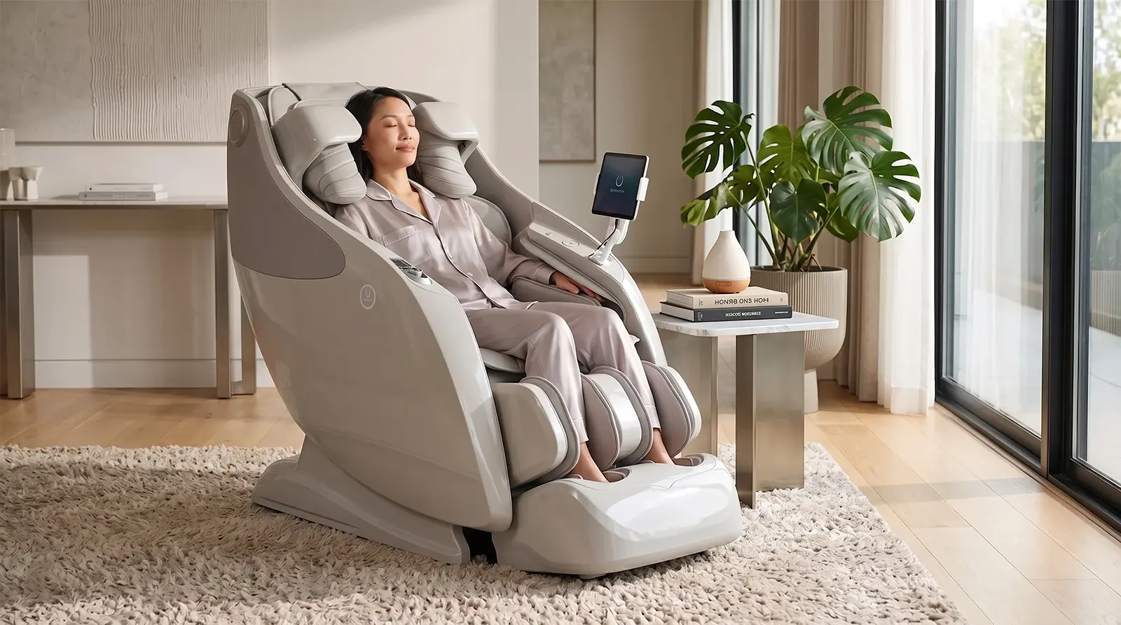 Người ngồi thư giãn trên ghế massage Osaki OP-Master trong phòng khách cao cấp