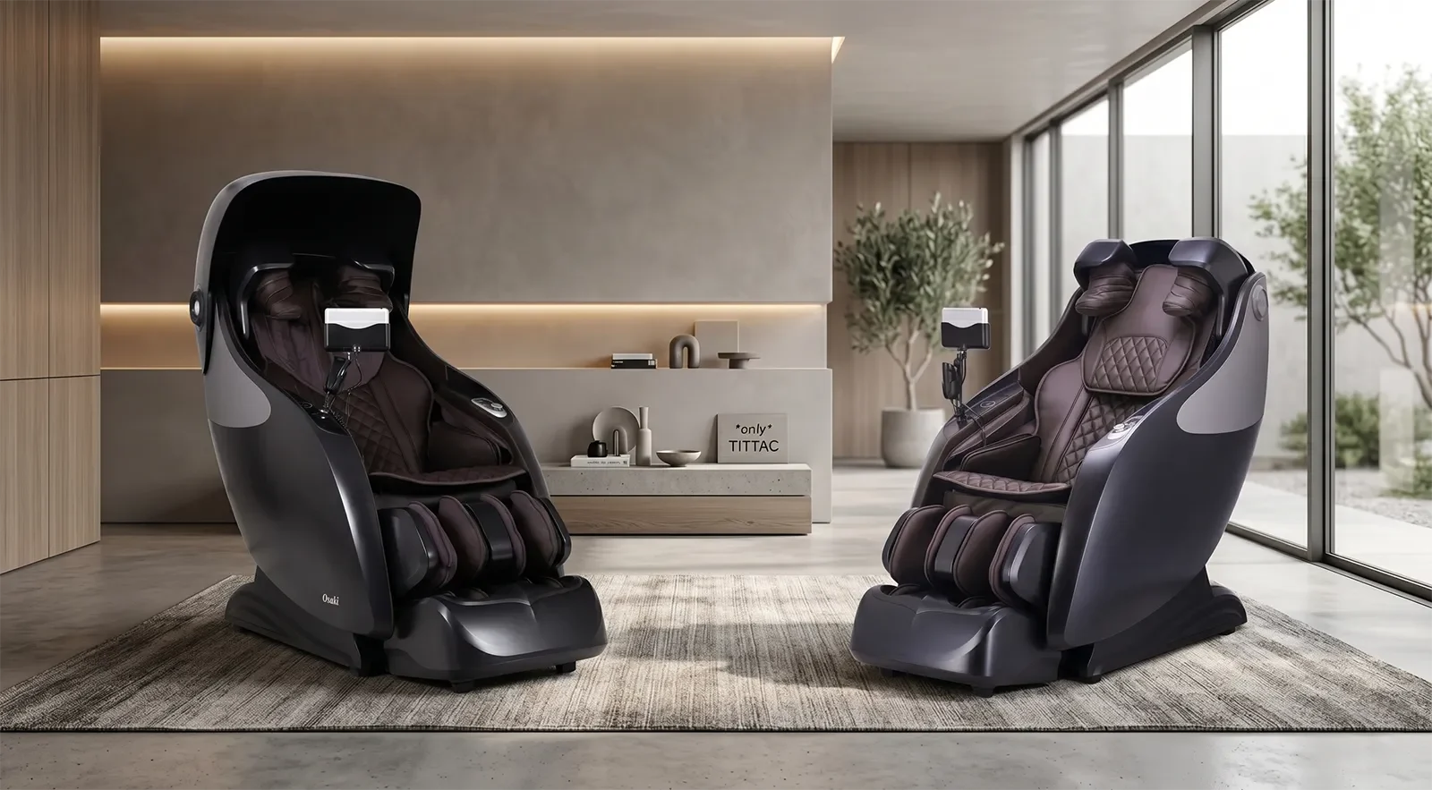 Osaki OP-Master and Osaki Platinum AI Xrest massage chairs shown side by side for comparison