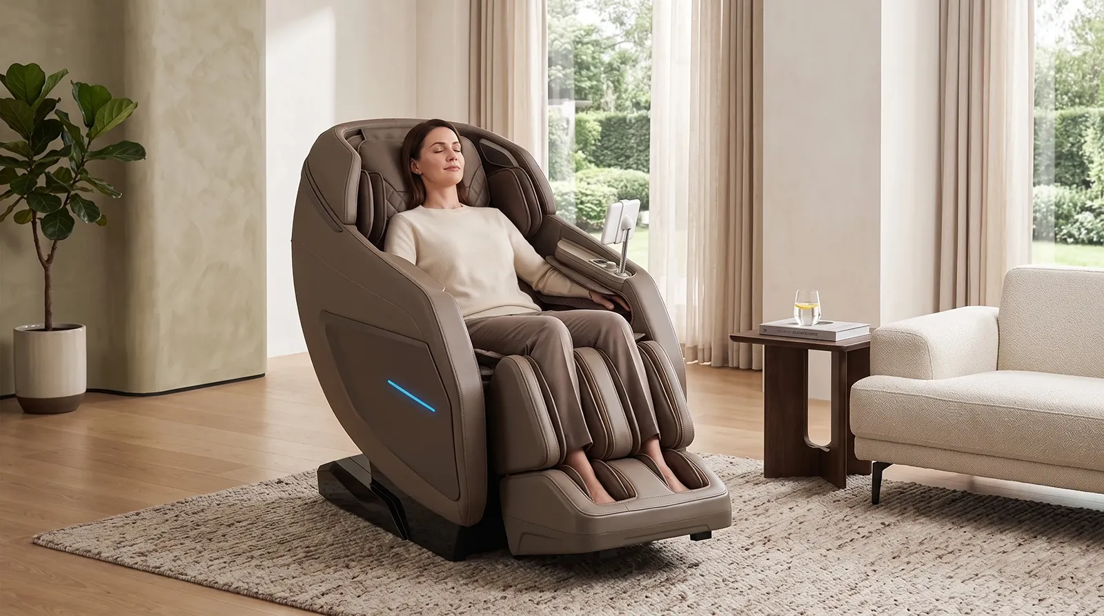 Người Mỹ ngồi thư giãn trên ghế massage Osaki Pinnacle LE trong phòng khách hiện đại cao cấp