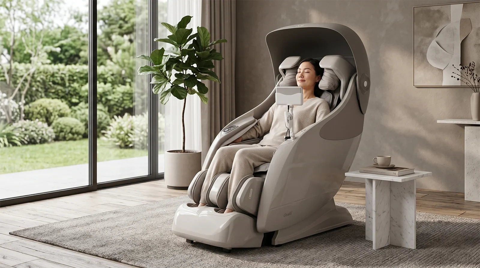 Person relaxing in the Osaki Platinum AI Xrest massage chair in a premium living room