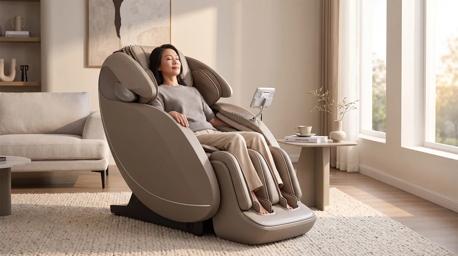 Người châu Á ngồi thư giãn trên ghế massage Osaki Platinum Solis Duo 4D+ trong phòng khách hiện đại