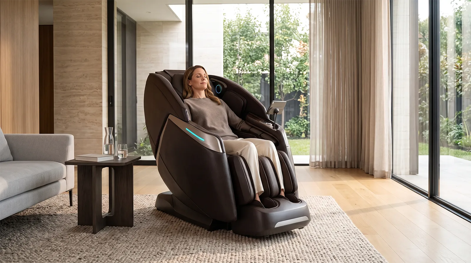Người Mỹ ngồi thư giãn trên ghế massage Osaki Somnus 4D Duoflex AI trong phòng khách hiện đại cao cấp