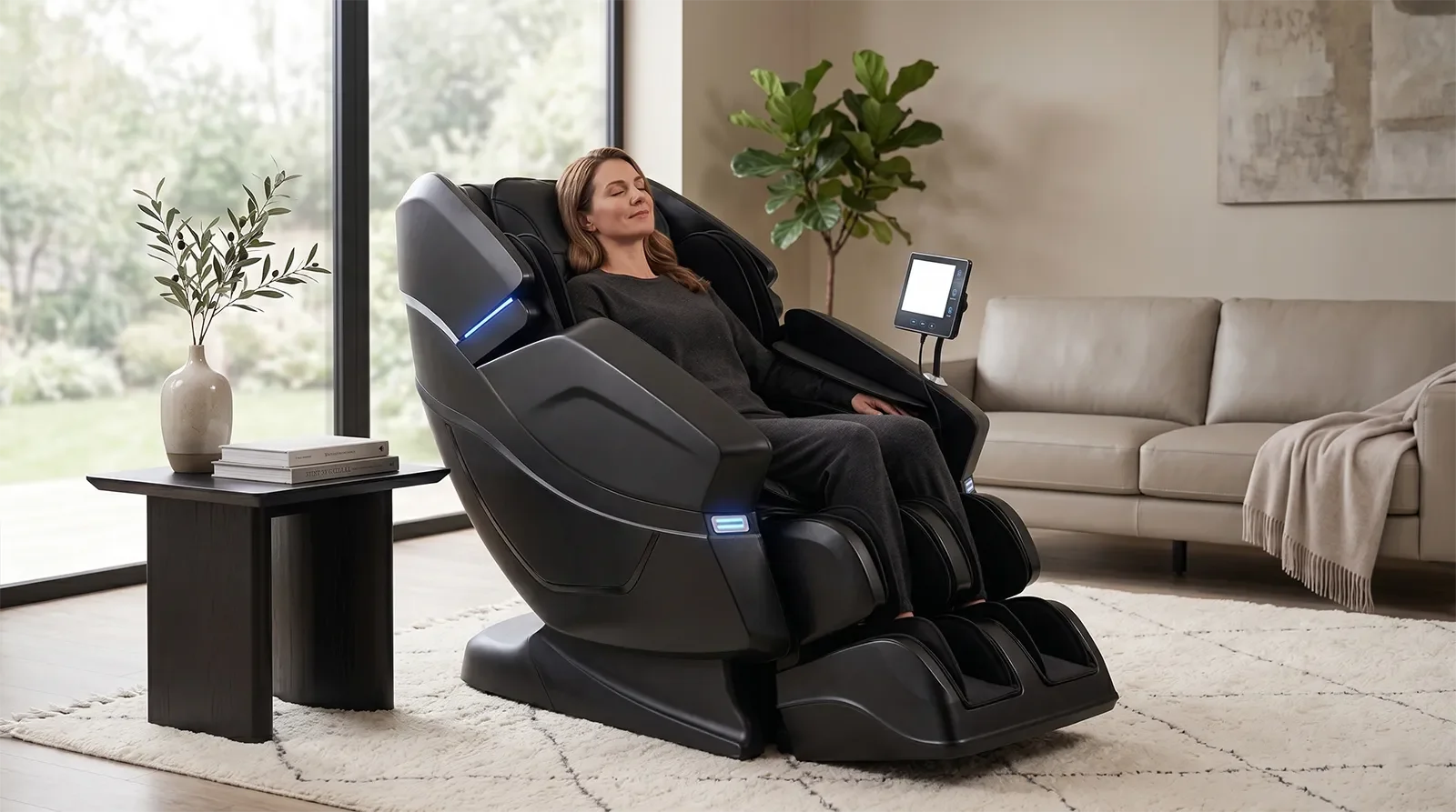 American adult relaxing in the Osaki Vito 3D massage chair in a modern premium living room