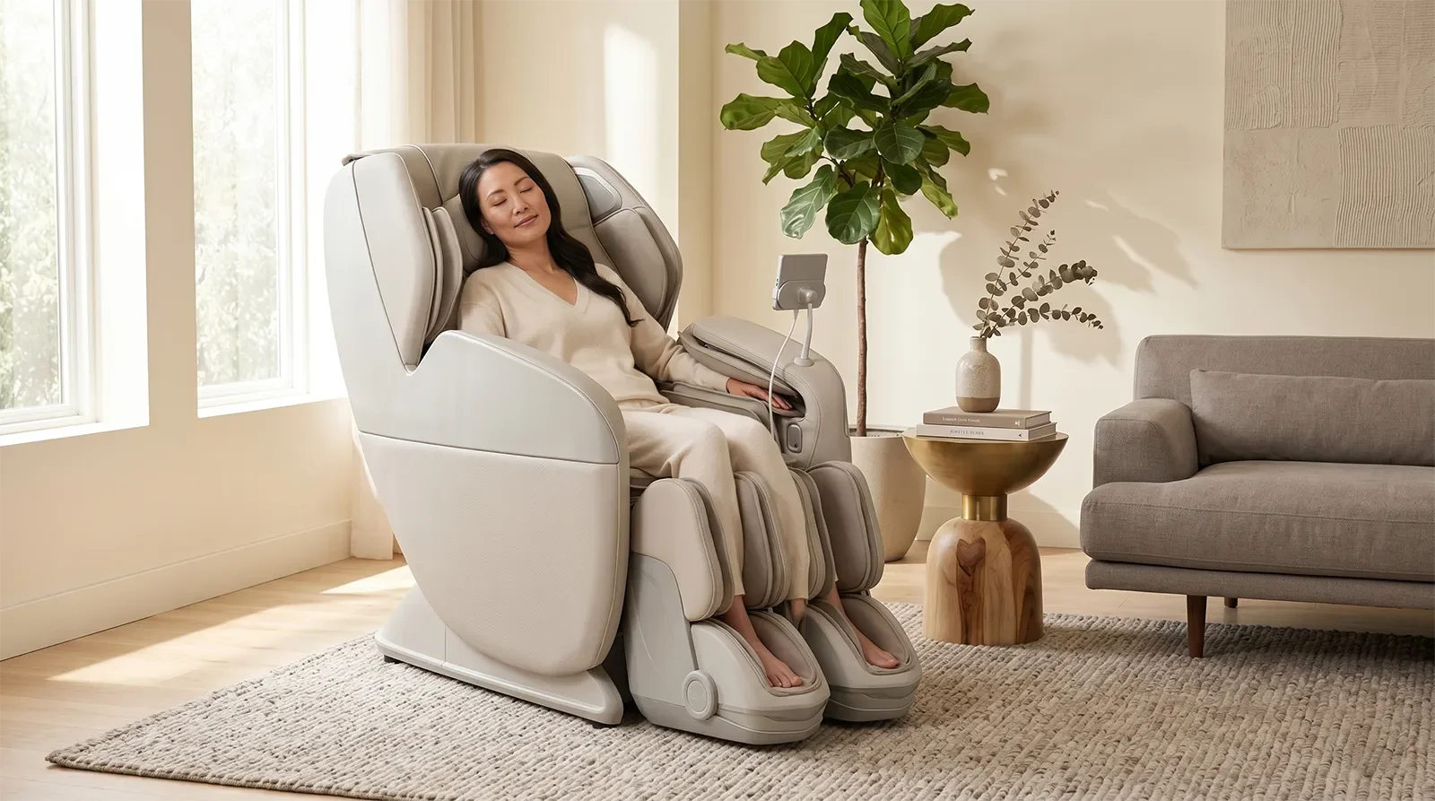 Asian adult relaxing in the Osaki Yoga Flex 4D massage chair in a modern premium living room