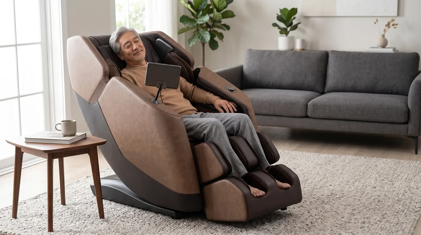 Older Asian adult relaxing in the Osaki Ziva 2D massage chair in a modern relaxation room