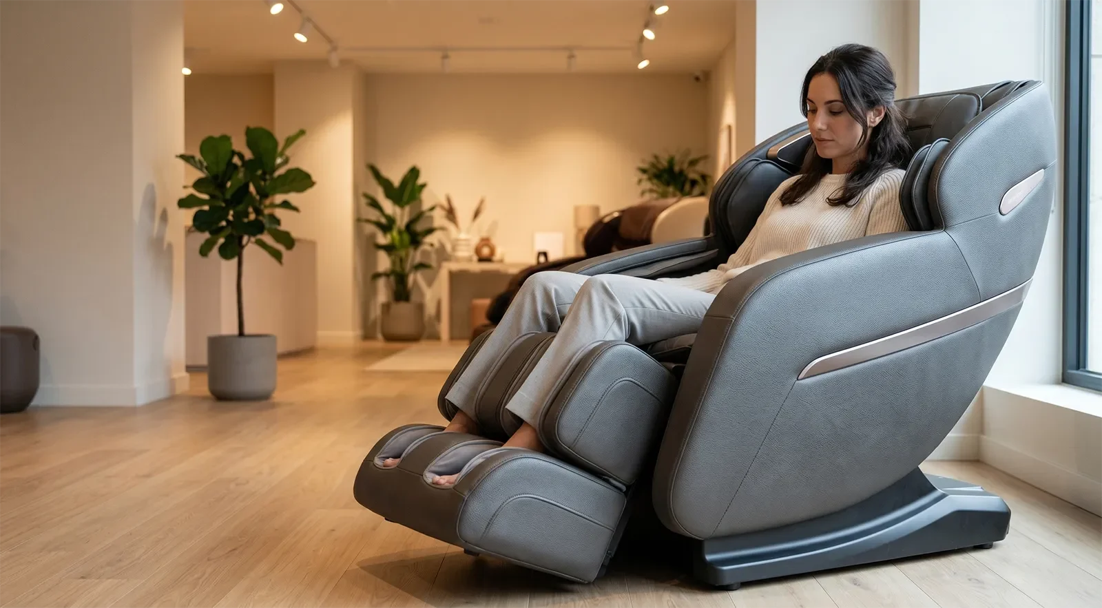 Người vóc dáng nhỏ kiểm tra độ sâu chỗ ngồi, vị trí bắp chân và tầm với bàn chân trên ghế massage