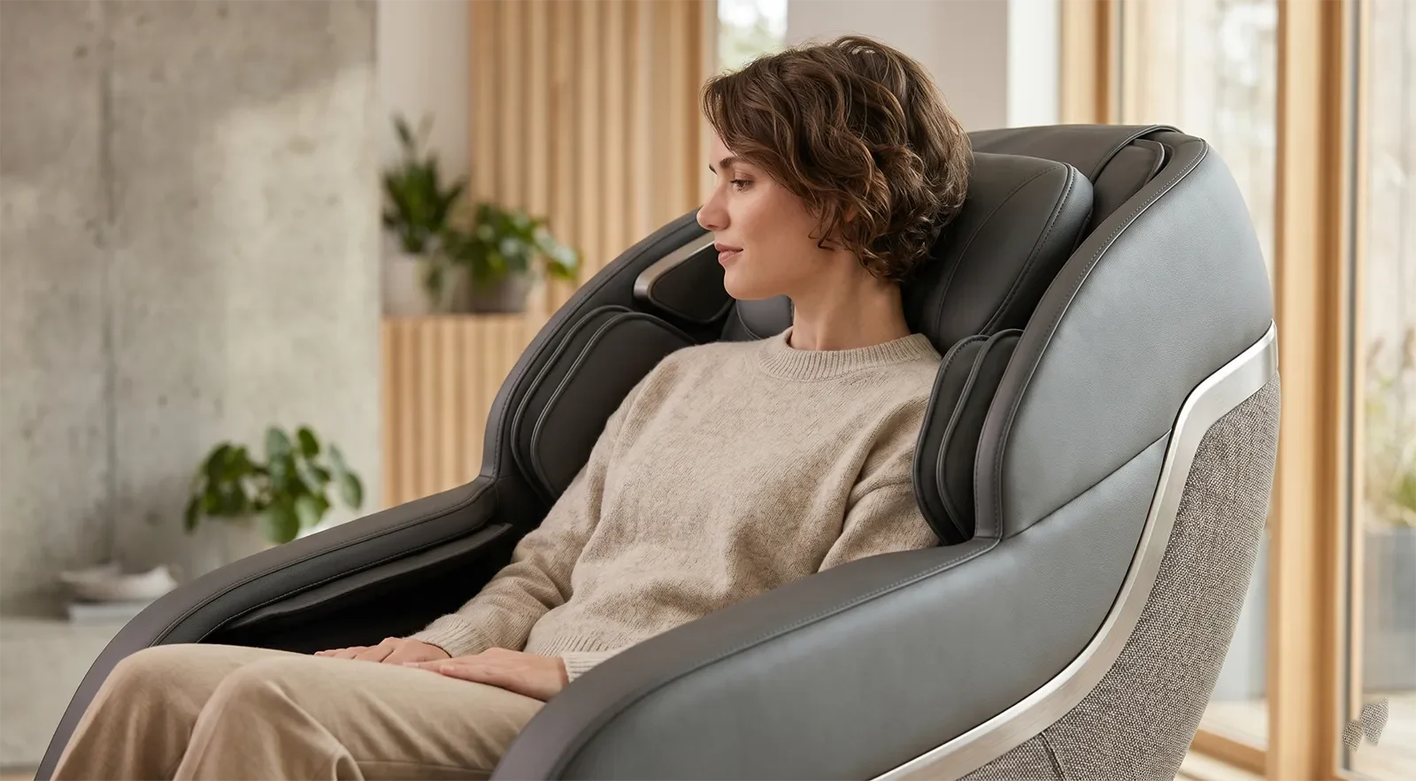 Người vóc dáng nhỏ kiểm tra vị trí vai và cổ khi ngồi trên ghế massage cao cấp