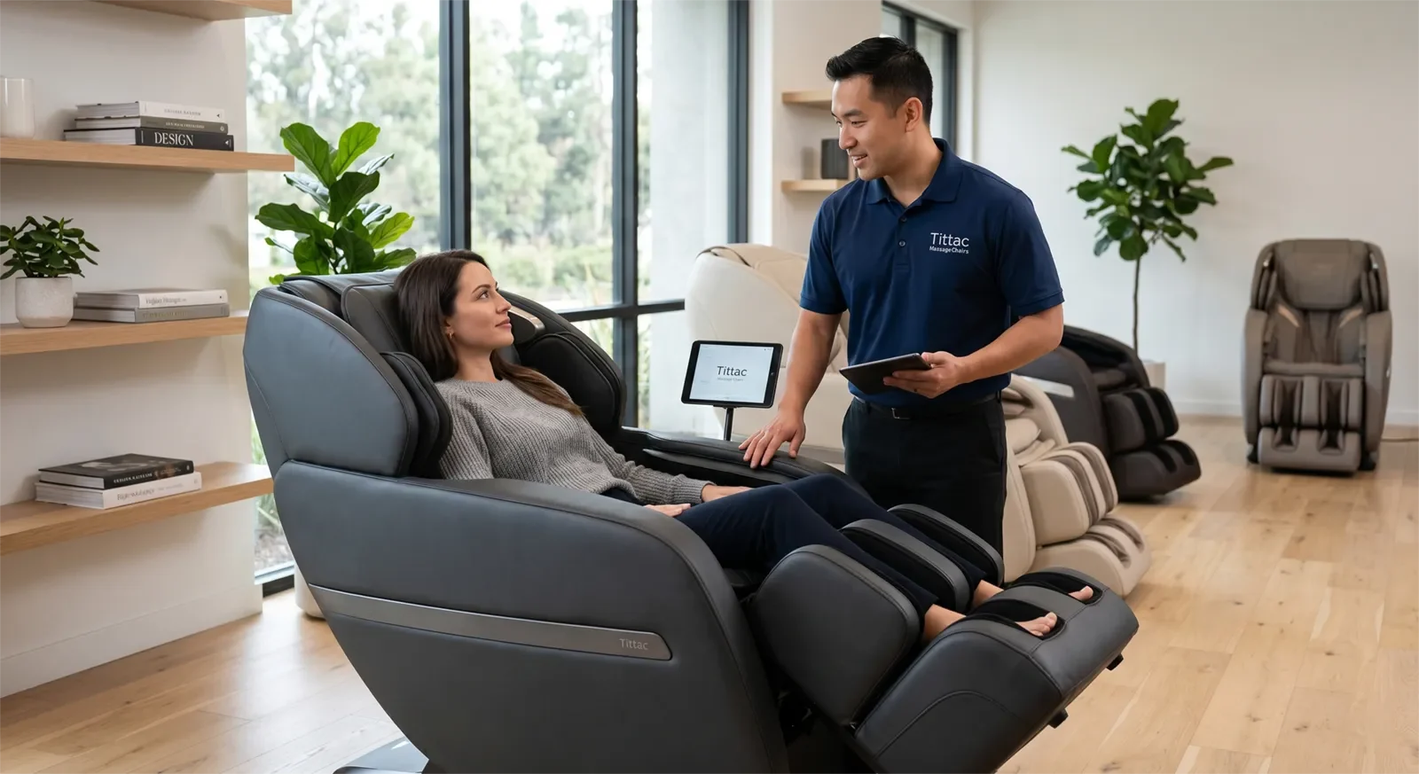 Khách hàng thử ghế massage 4D cao cấp tại showroom