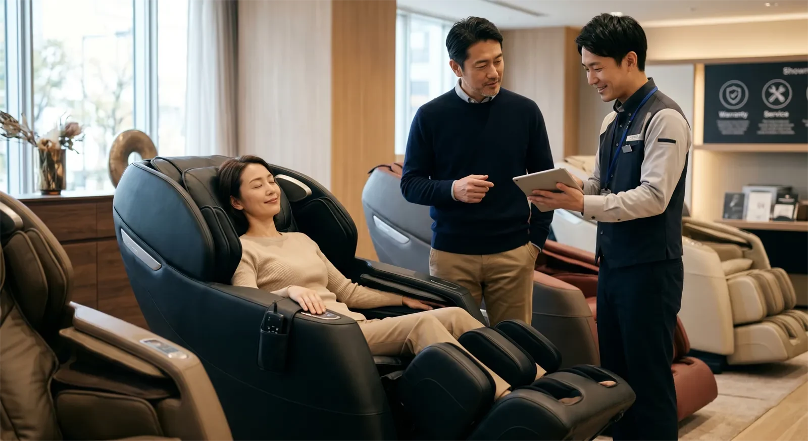 Asian shoppers testing a premium massage chair in a showroom to evaluate fit, comfort, and long-term ownership value
