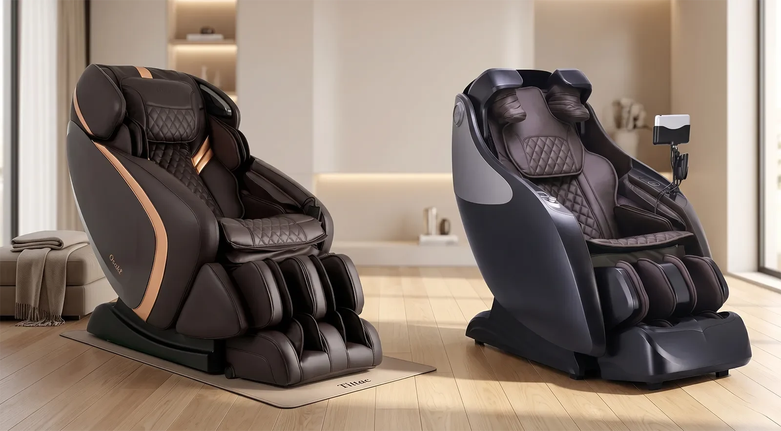 Premium massage chair compared with a simpler lower-priced massage chair in a showroom