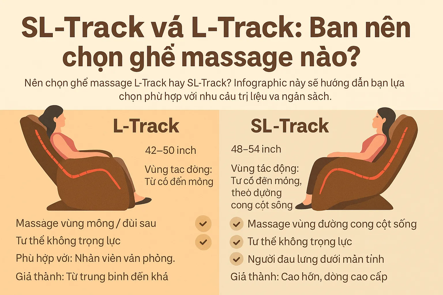 Infographic dạng banner so sánh ghế massage SL-Track và L-Track. Hình minh họa hai người ngồi trên ghế massage, với đường cong màu cam thể hiện quỹ đạo con lăn: ghế bên trái có đường ray cong chữ S (SL-Track), ghế bên phải có đường ray kéo dài hình chữ L (L-Track). Tiêu đề lớn phía trên ghi: 'SL-Track vs. L-Track: Loại nào phù hợp với bạn hơn