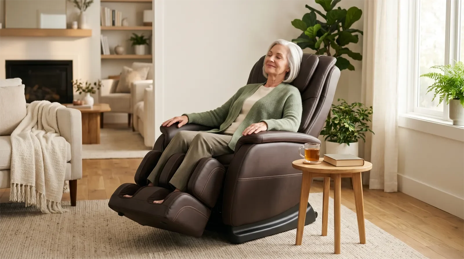 Người lớn tuổi ngồi vào ghế massage cao cấp một cách vững vàng và dễ dàng trong phòng khách gia đình