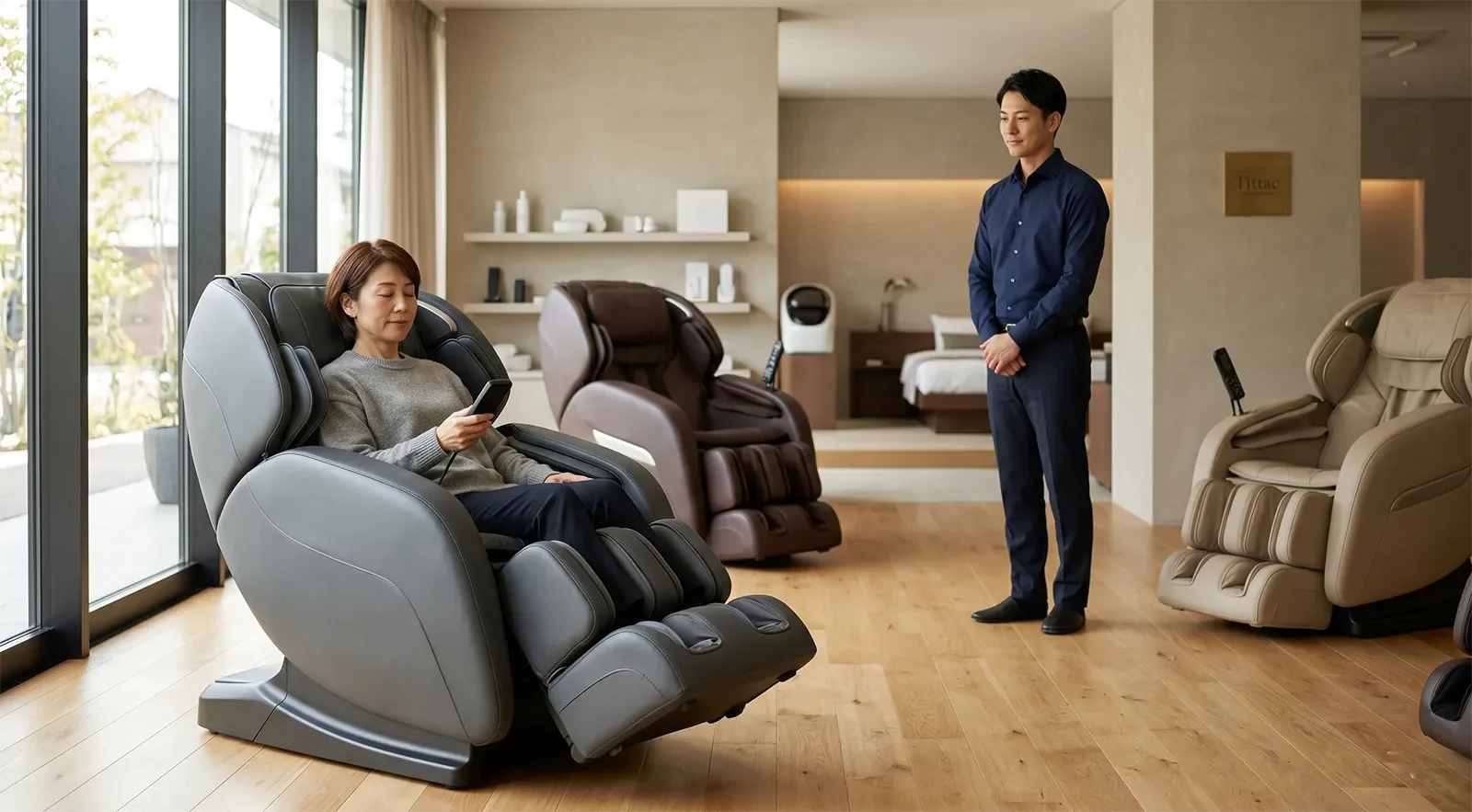 Customer comparing premium Japanese-style massage chairs in a showroom by massage feel and comfort