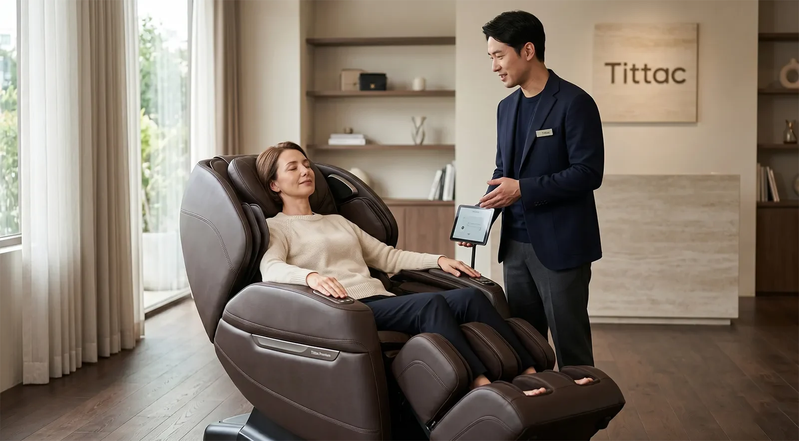 Customer testing body fit in a premium massage chair at a showroom
