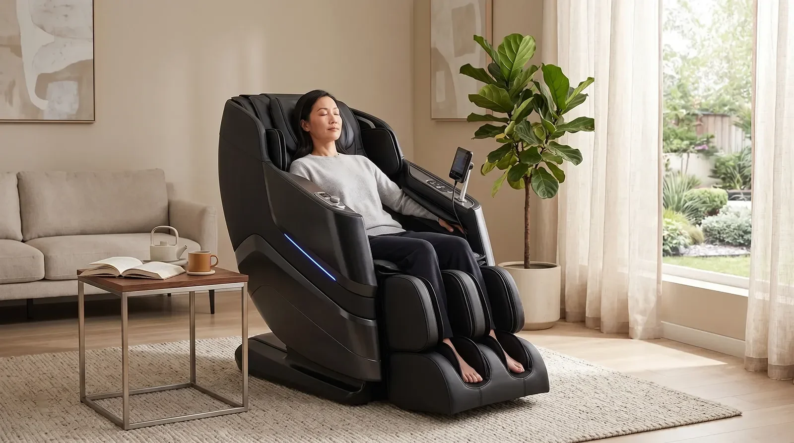 Asian adult relaxing in the Titan TP-Epic 4D massage chair in a modern relaxation room
