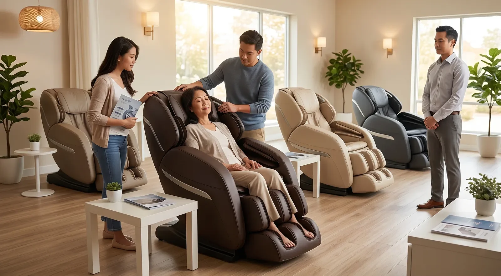 Vietnamese family comparing premium Japanese-style massage chairs in a showroom by comfort and fit