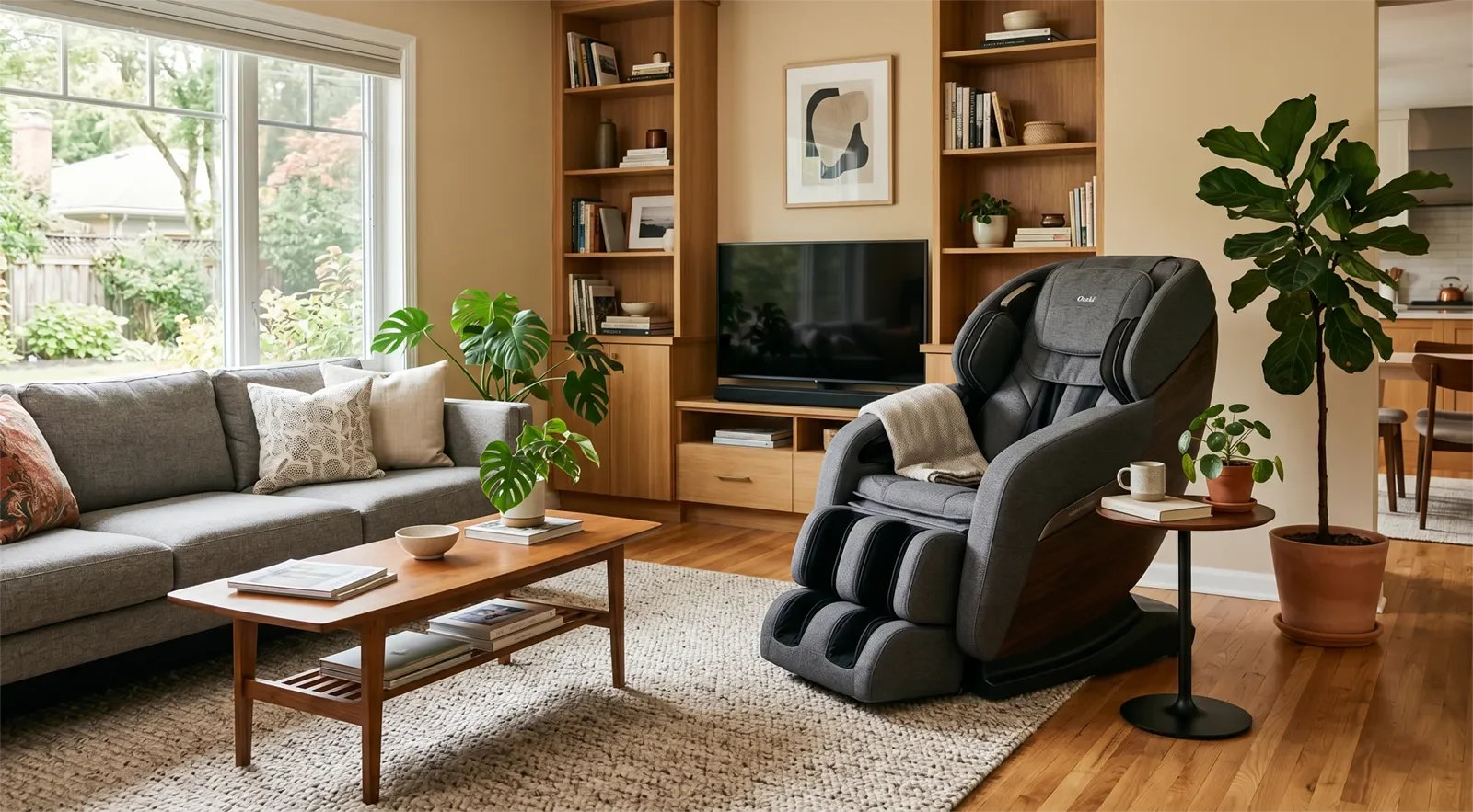 Ghế massage được đặt tự nhiên trong phòng khách với đủ lối đi và nguồn điện an toàn