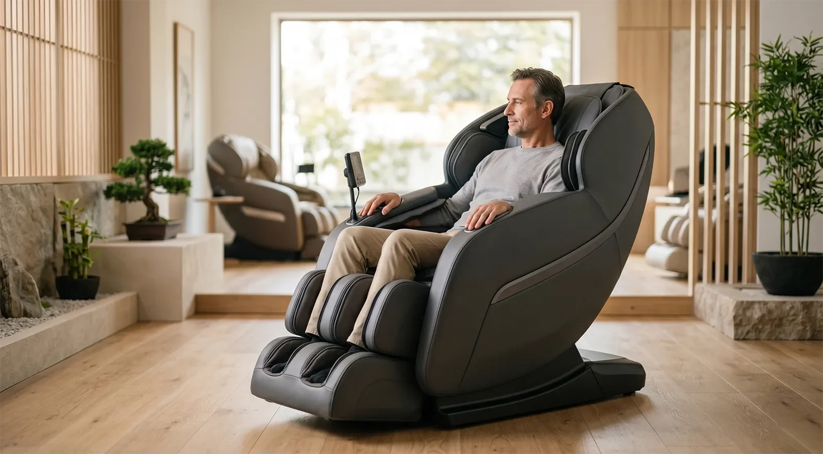 Customer testing a refined Japanese-style premium massage chair in a calm showroom