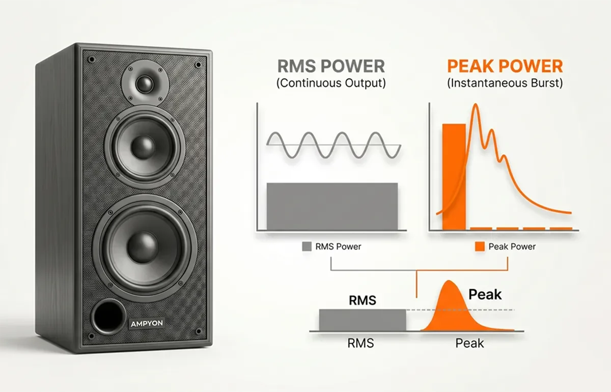 Infographic comparing RMS power and peak power for karaoke speakers