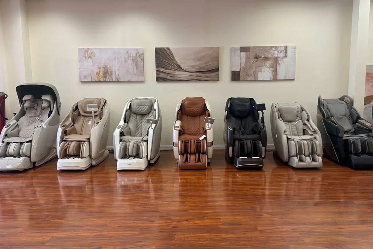 Massage chair display area inside the Tittac showroom where customers can compare chairs in person