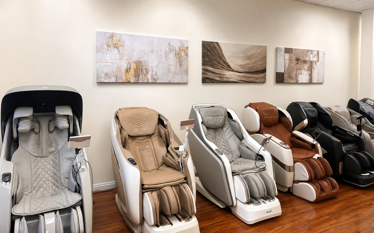 Massage chairs displayed inside Tittac showroom for side-by-side comparison